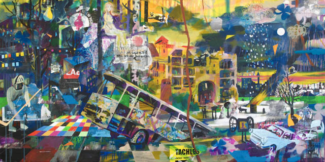 2014, Acryl und Collage auf Leinwand, 100 x 200 cm