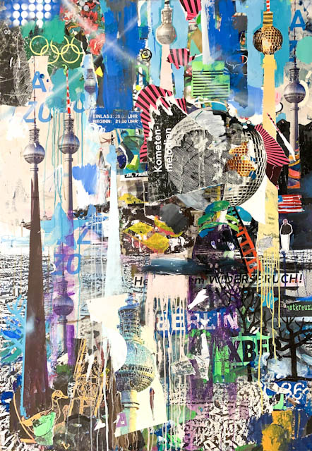 140 x 100 cm, Acryl, Siebdruck und Collage auf Leinwand